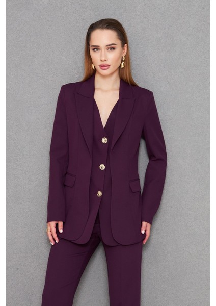 Yelek Görünümlü 3 Gold Düğme Takım Mürdüm modelleri