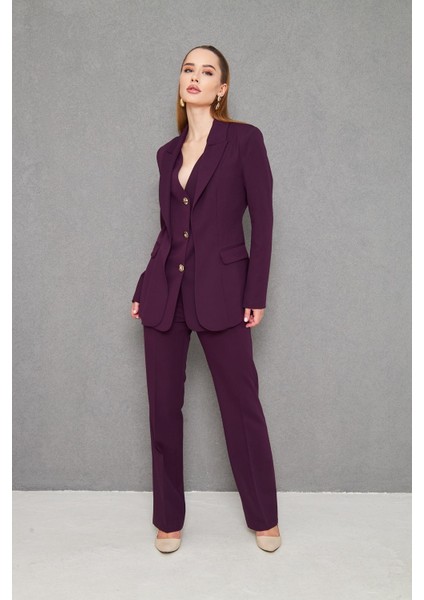 Yelek Görünümlü 3 Gold Düğme Takım Mürdüm fırsatları