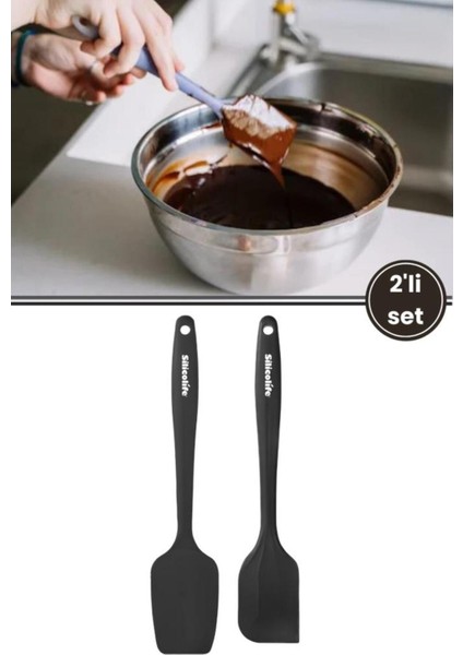 Isıya Dayanıklı, Yapışmaz Silikon Spatula ve Kaşık 2'li Set, Büyük ve Şık Siyah Renk