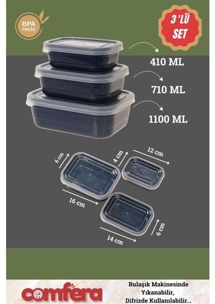Lacivert 3'lü Saklama Kabı Seti, Buzdolabı ve Mikrodalga Uyumlu, Pratik Plastik Gıda Kabı