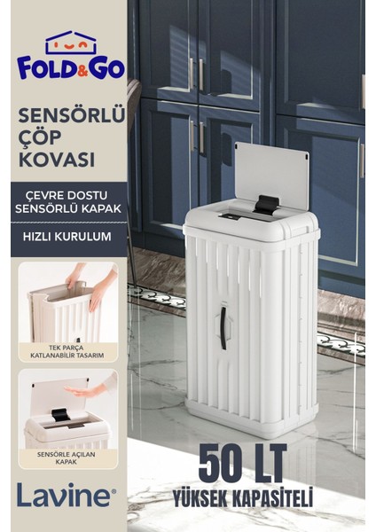 Fold&go 50 Lt Sensörlü Çöp Kovası Portatif Katlanabilir Büyük Boy Premium ”beyaz”