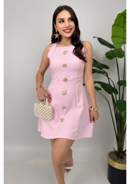 Bella Rose Kadın Pembe Düğmeli Mini Elbise – Zarif Davet ve Günlük Şıklık fiyatları