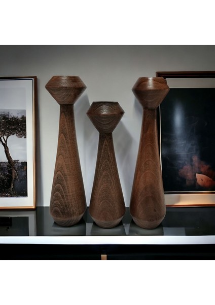 3'lü Kule Ahşap Mumluk Takımı, Dekoratif, Kayın Ağacı, Kahverengi