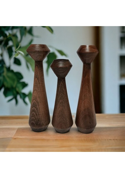3'lü Kule Ahşap Mumluk Takımı, Dekoratif, Kayın Ağacı, Kahverengi fırsatları