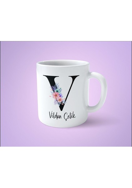 Çiçekli V Harfli Isimli Desenli Seramik Kupa Bardak Beyaz