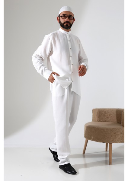 Erkek Müslin Hakim Yaka Gömlek Pantolon Ikili Takım Hac ve Umre Kıyafeti - Beyaz (Cnr)