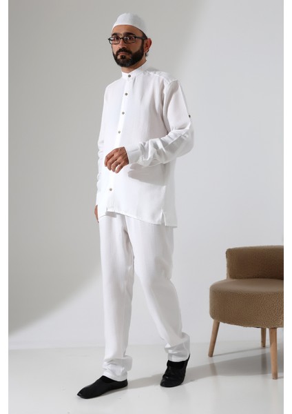 Erkek Müslin Hakim Yaka Gömlek Pantolon Ikili Takım Hac ve Umre Kıyafeti - Beyaz (Cnr) fiyatları