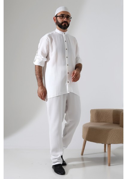 Erkek Müslin Hakim Yaka Gömlek Pantolon Ikili Takım Hac ve Umre Kıyafeti - Beyaz (Cnr) modelleri