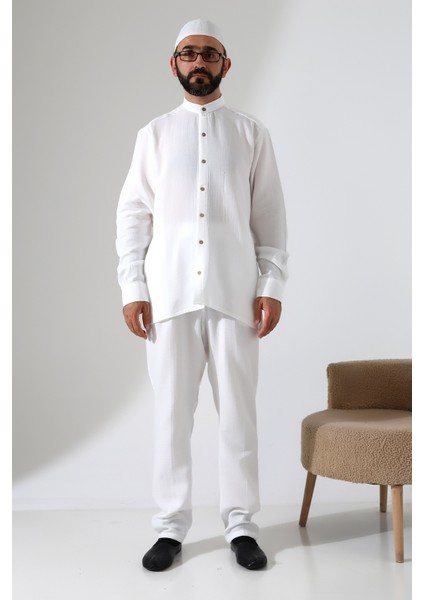 Erkek Müslin Hakim Yaka Gömlek Pantolon Ikili Takım Hac ve Umre Kıyafeti - Beyaz (Cnr) fırsatları