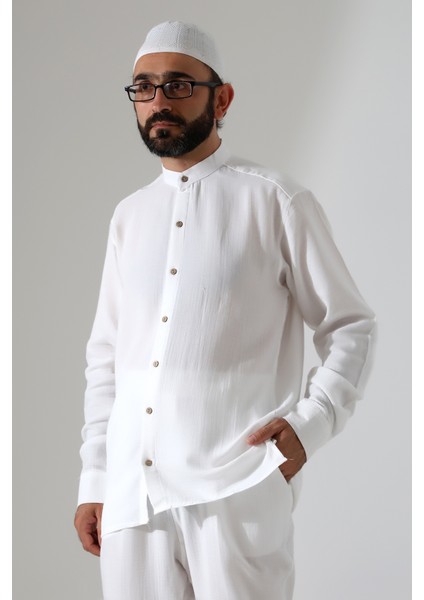 Erkek Müslin Hakim Yaka Gömlek Pantolon Ikili Takım Hac ve Umre Kıyafeti - Beyaz (Cnr) indirimleri