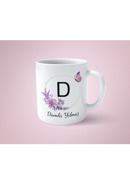 Kişiye Özel D Harfli Mor Çerçeveli Beyaz Kupa Bardak
