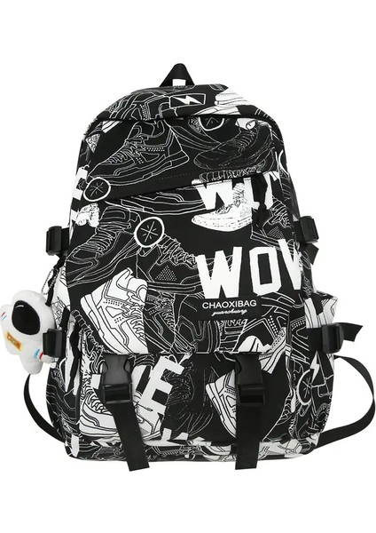 Erkeklerin Büyük Kapasiteli Moda Sırt Çantası Unisex Çok Yönlü Okul Çantası Yeni Çizgi Film Mektubu Dekorasyon Naylon Malzeme Renk: Black2 (Yurt Dışından)