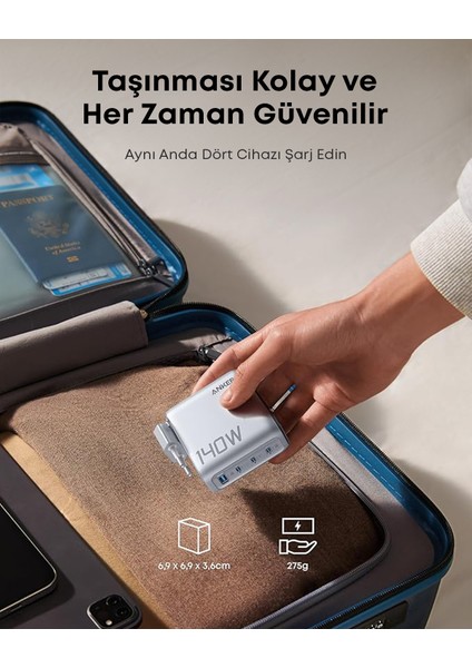 Laptop Şarj Cihazı (140W, 4 Port, PD 3.1) ve 240W USB-C – USB-C Kablosu (1.5 m) - Açık Gri - B2697 (Anker Türkiye Garantili) indirimleri