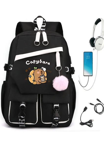 Kızlar Erkekler Sırt Çantası Capya Okulu USB Kitap Çantalar Genç Kadın Erkekler Seyahat Çantaları Dizüstü Bilgisayar Kulaklık Port Mochila Hediye Renk: Black1 (Yurt Dışından)