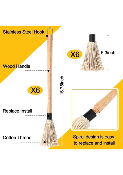 6 Adet 18 Inç Izgara Paspası, 6 Ekstra Yedek Başlık, Uzun Ahşap Saplı Barbekü Sosu Paspas Fırçası (Yurt Dışından) modelleri