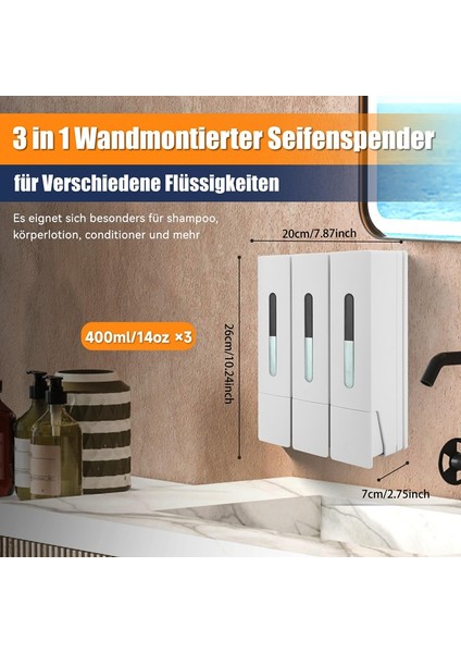 Sıvı Sabunluk 400 ml 3 Bölmeli Duvara Monte Banyo Duş Saç Yıkama Sıvısı Şişesi Kabı Beyaz (Yurt Dışından) indirimleri
