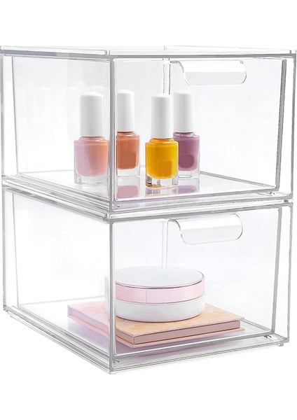 2'li Paket Istife Edilebilir Makyaj Düzenleyici Saklama Çekmeceleri, Akrilik Banyo Düzenleyici, Şeffaf Plastik Saklama Kutusu (Yurt Dışından)