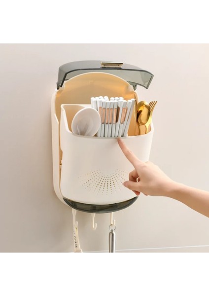 Kapaklı Duvara Monte Mutfak Çatal Bıçak Takımı Saklama Kutusu - Süzgeç Raflı Toz Geçirmez Kaşık ve Çubuk Düzenleyici (Yurt Dışından) fırsatları