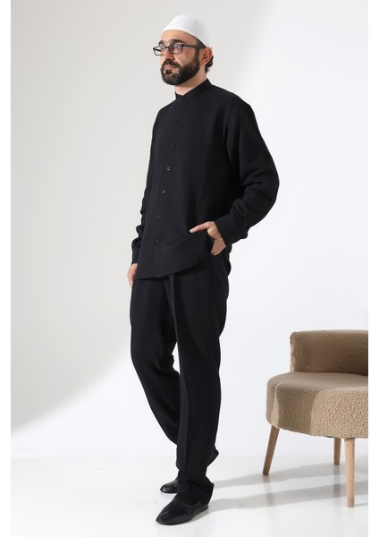 Erkek Müslin Hakim Yaka Gömlek Pantolon Ikili Takım Hac ve Umre Kıyafeti - Siyah (Cnr)