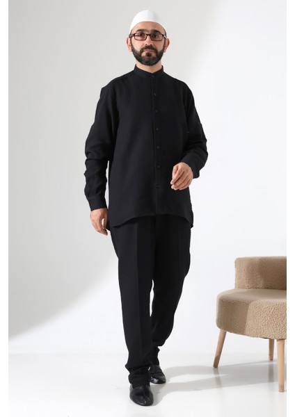 Erkek Müslin Hakim Yaka Gömlek Pantolon Ikili Takım Hac ve Umre Kıyafeti - Siyah (Cnr) fiyatları