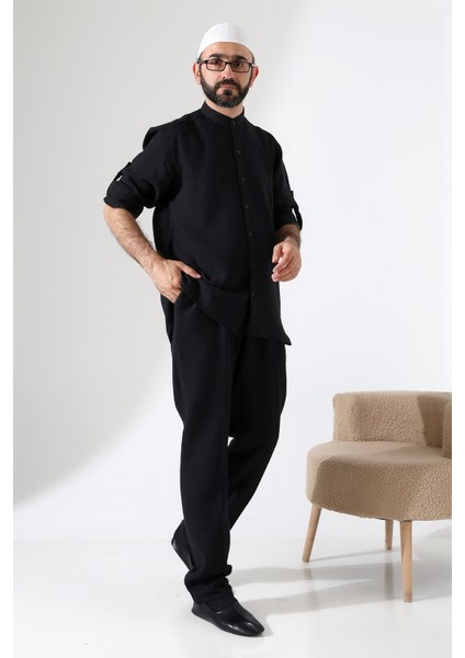 Erkek Müslin Hakim Yaka Gömlek Pantolon Ikili Takım Hac ve Umre Kıyafeti - Siyah (Cnr) modelleri