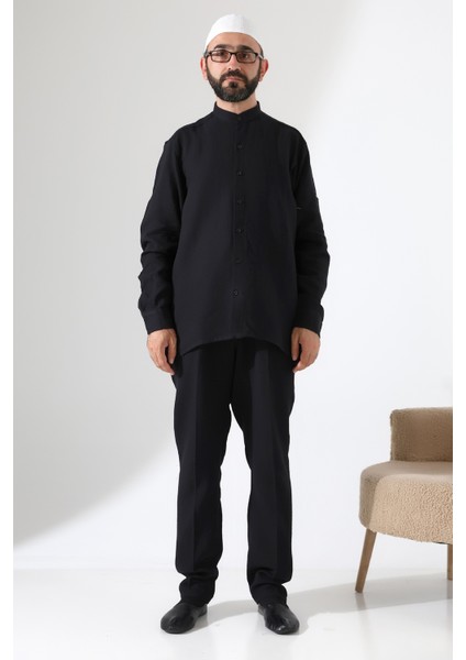 Erkek Müslin Hakim Yaka Gömlek Pantolon Ikili Takım Hac ve Umre Kıyafeti - Siyah (Cnr) fırsatları