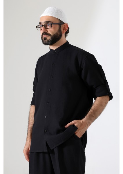 Erkek Müslin Hakim Yaka Gömlek Pantolon Ikili Takım Hac ve Umre Kıyafeti - Siyah (Cnr) indirimleri