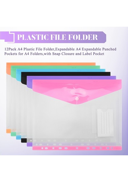 12'li Paket A4 Plastik Dosya Klasörü, A4 Klasörler Için Genişletilebilir Delikli Cepler, Çıtçıtlı Kapatma ve Etiket Cebi ile (Yurt Dışından) indirimleri