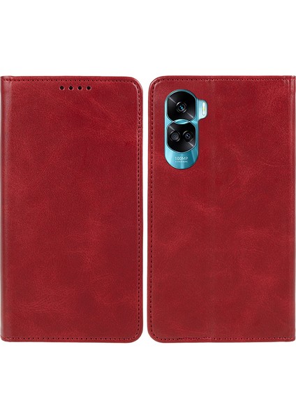 Honor 90 Lite 5G/X50I 5g Deri Düşmeye Karşı Dayanıklı Telefon Kılıfı Dana Doku Cüzdan Standı Kapak-Kırmızı (Yurt Dışından)
