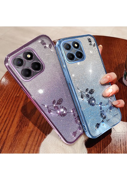 Kadem For Honor X8 5g/x6 4g/70 Lite 5g Rhinestone Çiçek Telefon Kılıfı Parıltılı Degrade Tpu Kapak-Mor (Yurt Dışından) modelleri