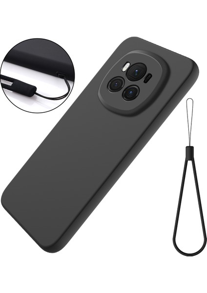 Honor Magic6 5g Cep Telefonu Kılıfı Düz ​​renk Sıvı Silikon Çizilmez Kılıf Kayışlı-Siyah (Yurt Dışından)