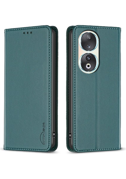 Bınfen Color BF18 For Honor 90 Deri Kapak Kart Tutucu Stand Düşme Korumalı Telefon Kılıfı-Yeşil (Yurt Dışından)