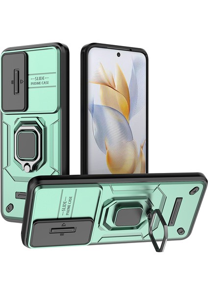 Honor 90 Kılıf Pc+Tpu Halka Ayaklı Cep Telefonu Kılıfı Sürgülü Lens Koruyucu-Yeşil (Yurt Dışından)