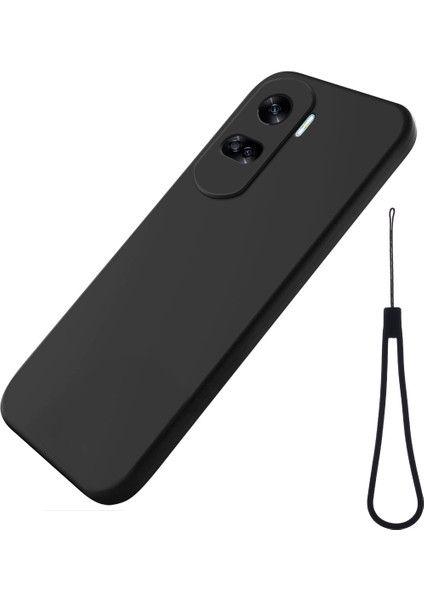 Honor 90 Lite 5G/X50I 5g Sıvı Silikon Telefon Kılıfı Yumuşak Astarlı Darbeye Dayanıklı Kılıf Kayışlı-Siyah (Yurt Dışından)