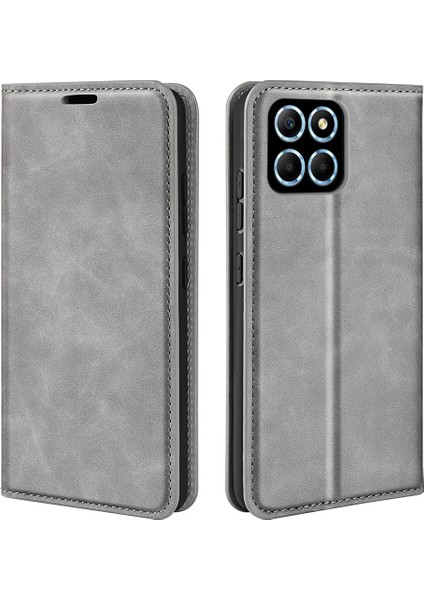 Honor X8 5g Skin-Touch Hissi Manyetik Otomatik Emici Telefon Standı Kılıf Pu Deri Folio Flip Cüzdan Kapağı-Gri (Yurt Dışından)
