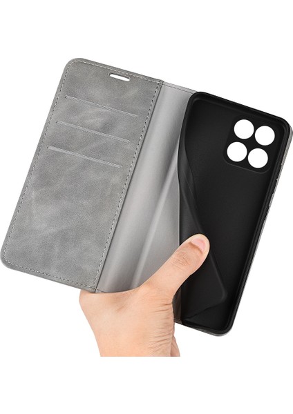 Honor X8 5g Skin-Touch Hissi Manyetik Otomatik Emici Telefon Standı Kılıf Pu Deri Folio Flip Cüzdan Kapağı-Gri (Yurt Dışından) fırsatları