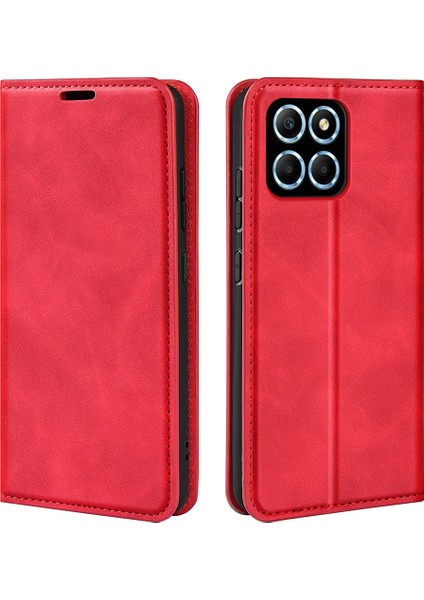 Honor X8 5g Skin-Touch Hissi Manyetik Otomatik Emici Telefon Standı Kılıf Pu Deri Folio Flip Cüzdan Kapağı-Kırmızı (Yurt Dışından)