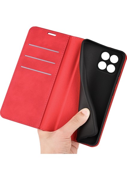 Honor X8 5g Skin-Touch Hissi Manyetik Otomatik Emici Telefon Standı Kılıf Pu Deri Folio Flip Cüzdan Kapağı-Kırmızı (Yurt Dışından) fırsatları