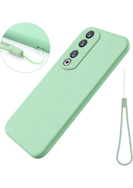 Honor 90 Pro Sıvı Silikon Telefon Kılıfı Yumuşak Astarlı Koruyucu Kılıf Kayışlı-Yeşil (Yurt Dışından)