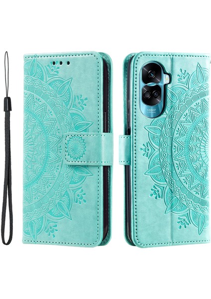 Honor 90 Lite 5G/X50I 5g Deri Cüzdan Telefon Kılıfı Mandala Çiçek Baskılı Stand Kılıf Askılı-Yeşil (Yurt Dışından)