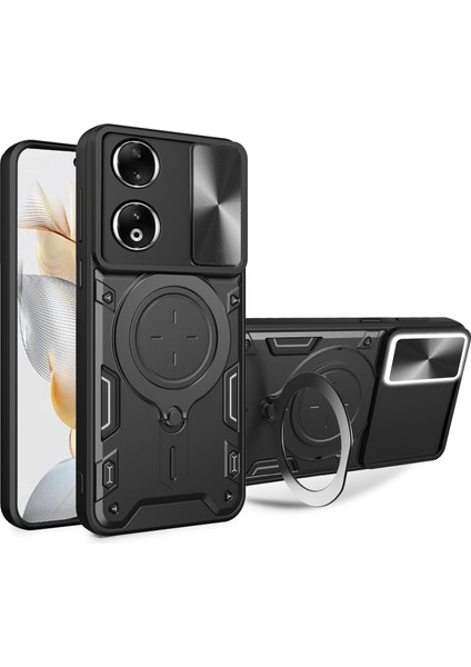 Honor 90 Kapak Tpu+Pc Telefon Koruyucu Kabuk Kayar Kamera Kapağı Ayaklı Telefon Kılıfı-Siyah (Yurt Dışından)
