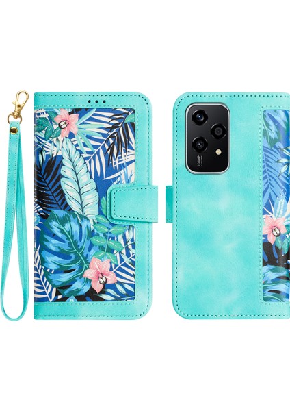 Honor 200 Lite Kılıfı Pu Deri Çiçekli Telefon Kılıfı Kart Yuvaları Ile-Yeşil (Yurt Dışından)