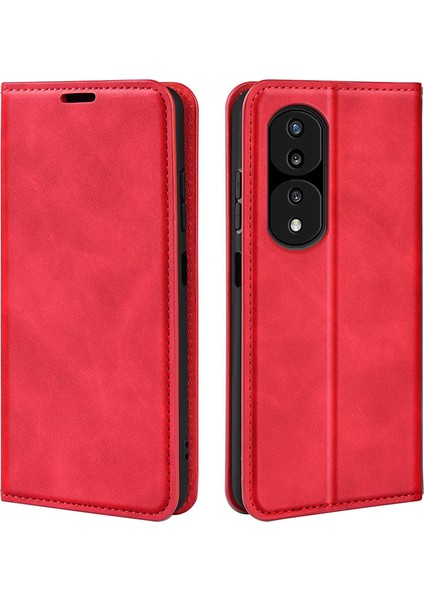 Honor 70 Pro 5g Pu Deri Cüzdan Kılıf Flip Folio Stand Manyetik Emilim Cilt Koruma Dokunma Hissi Tam Koruma Kılıf-Kırmızı (Yurt Dışından)