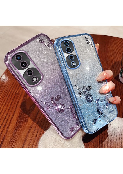 Kadem For Honor 70 5g Çiçek Desen Dekoru Yapay Elmas Tasarım Akıllı Telefon Kılıfı Parıltılı Toz Esnek Tpu Cep Telefonu Kılıfı-Mor (Yurt Dışından) modelleri