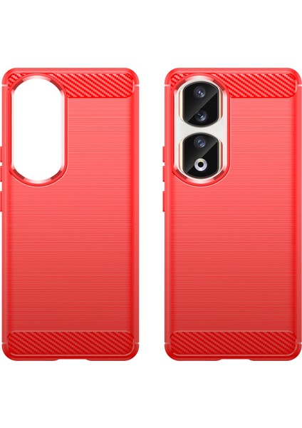 Honor 90 Pro Karbon Fiber Dokulu Telefon Kılıfı Yumuşak Tpu Fırçalanmış Düşmeye Lı Kılıf-Kırmızı (Yurt Dışından) modelleri