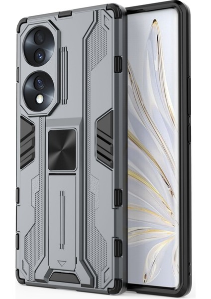 Honor 70 5g Telefon Kılıfı Kickstand Sert Pc Yumuşak Tpu Çift Katmanlı Kaymaz Sağlam Koruyucu Kılıf-Gri (Yurt Dışından)