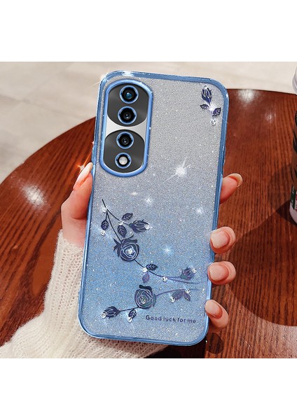 Kadem For Honor 70 5g Çiçek Desen Dekoru Yapay Elmas Tasarım Akıllı Telefon Kılıfı Simli Toz Esnek Tpu Cep Telefonu Kılıfı-Mavi (Yurt Dışından)