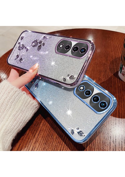Kadem For Honor 70 5g Çiçek Desen Dekoru Yapay Elmas Tasarım Akıllı Telefon Kılıfı Simli Toz Esnek Tpu Cep Telefonu Kılıfı-Mavi (Yurt Dışından) modelleri