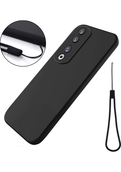 Honor 90 Pro Sıvı Silikon Telefon Kılıfı Yumuşak Astarlı Koruyucu Kılıf Kayışlı-Siyah (Yurt Dışından)