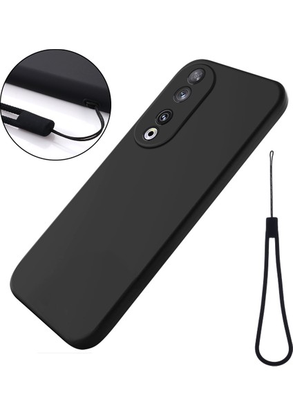 Honor 90 Için Koruyucu Kılıf, Askılı Sıvı Silikon Yumuşak Astarlı Telefon Kılıfı-Siyah (Yurt Dışından)